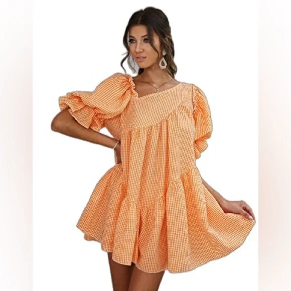Orange & White Gingham Asymmetrical Neck Puff Sleeve Ruffle Hem Smock Dress - Picture 1 of 6